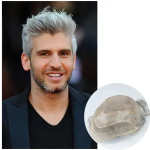 Hair Prosthesis Capillary Grey Male Hair System Undetectable Lace Clear Thin Skin Poly Base Human Hair Men Wig Toupee