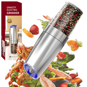 Moulin à sel et à poivre électrique à gravité, fonctionnant sur piles, avec lumière LED, commande par bouton, 25W, noyau en céramique, coque en acier inoxydable - Product Image 1