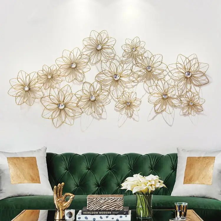 Decoración De pared De flores De Metal dorado Simple, artesanía De hierro personalizada, decoración moderna para sala De estar