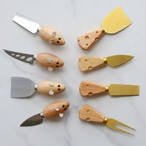 5 Pieces Mouse Shaped Wood Handles Cheese Knives And Forks Cute Mice Cheese Tool Set