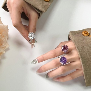 High Quality Jewelry Eco-friendly Copper Gold Plated Claw Set Rose Cut 14*14MM Zircon Pink Stone <b>Adjustable</b> <b>Ring</b> for Feminine - Product Image 6
