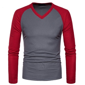 Men's Long Sleeve V-neck T-shirt Raglan Sleeve Slim Fit Knitted Solid Color Casual Wear Light Blue <b>White</b> Splicing Design - Product Image 5