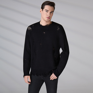 Custom Fall Winter Men's Distressed Ripped Wool Sweater Black Oversized Crew Neck Knit <b>Pullover</b> <b>Jumper</b> - Product Image 3