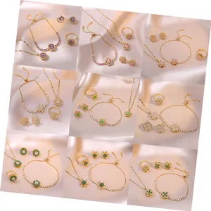 KISSWIFE Stainless Steel Rotatable Zircon Bracelet Rings Love Zircon Necklace Earrings Four-piece Jewelry Set