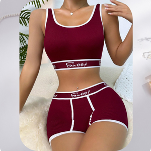 2ピースセットレディースランジェリーソリッドコットンスポーツブラセットプッシュアップブラ & 下着シームレスコンフォートレディースボクサーブリーフ日常生活 - Product Image 1