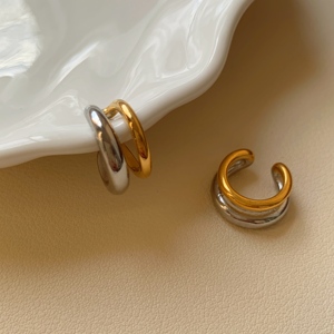 Aretas Uso diario Pendientes no perforados Acero inoxidable Dos tonos Doble capa Ear Cuff 18K PVD Chapado en oro Clip de oreja de moda - Product Image 5