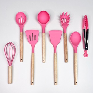 Ensemble d'ustensiles de cuisine rose 8 pièces Spatule antiadhésive <span class=keywords><strong>Fouet</strong></span> Pinces Résistant à la chaleur Outils de cuisine Manche en bois Coloré <span class=keywords><strong>Chef</strong></span> de maison - Product Image 2