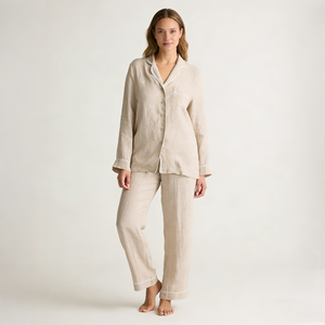 Hongbo 100% Linen Pajamas Set Women Pj Set Manufacturer Long Sleeve Piping Designer Elegant Linen Pyjamas Homewear Woman Pajamas