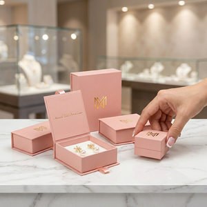 Luxury Pink <b>Jewelry</b> Gift Boxes with Gold Logo Hinged Magnetic Closure Rectangular One Size - Product Image 1