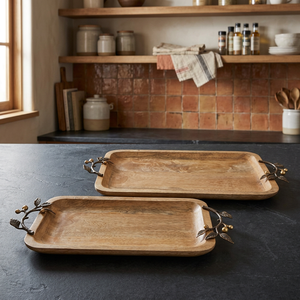 <b>Set</b> of 2 Natural Polished Carved Mango Wood <b>Serving</b> Trays with Brass Leaf Handles - Product Image 3