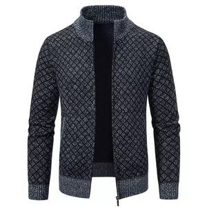 Veste en tricot décontractée à <span class=keywords><strong>col</strong></span> <span class=keywords><strong>roulé</strong></span> avec logo personnalisé OEM, vêtements en tricot pour hommes, motif jacquard en diamant, cardigan en tricot zippé d'hiver - Product Image 2