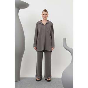 LOREEN Women's Anthracite Snap Collar Pocket Detail <b>Pants</b> Suit Set - Comfortable and Stylish Two-Piece Outfit for Daily Wear - Product Image 3