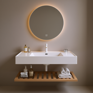 Meuble-lavabo mural flottant blanc rectangulaire en acrylique avec vasque intégrée et bois naturel 48 po - Product Image 2