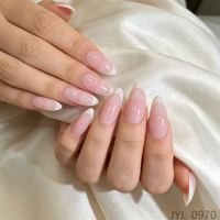 Vente en gros de faux ongles en amande à pointe française personnalisés avec étiquette privée, ongles artificiels de luxe couleur nude rose réutilisables pour une qualité de salon