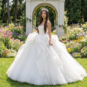 Xs292 Ivory Strapless 3D Organza Ruffle Modern Floor-Length <b>Wedding</b> Dress Layered Tulle Ball Gown Chapel Train for - Product Image 1
