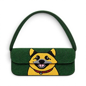 Sac à bandoulière artisanal pour femme, orné de perles, motif chiot jaune doré, vert foncé, vente en gros, OEM, marque privée - Product Image 1