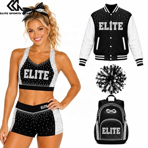 Set Completo per il Riscaldamento da Cheerleader: Giacca da Baseball, Top Attillato con Strass Lucidi, Pantaloncini e Borsa Glitterata per Pompon - Product Image 1