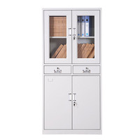 Armoire moderne en métal blanc avec 2 portes battantes en verre/2 tiroirs, armoire de rangement pour dossiers avec poignée en plastique noir