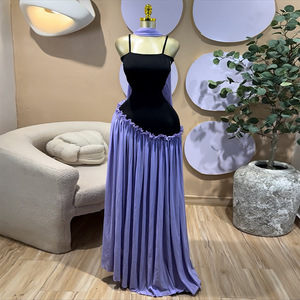 เดรสแม็กซี่จับจีบแต่งระบายสีตัดกันสำหรับผู้หญิง - เดรสสายเดี่ยวแบบเป็นทางการ แต่งผ้าแบบ Patchwork แฟชั่น - Product Image 3