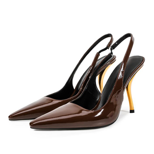 Zapatos de tacón de aguja dorados con correa trasera para mujer, sandalias de vestir con punta y tacón de aguja brillante de charol - Product Image 6