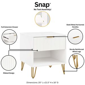 White Nightstand With <b>Drawer</b> And Open Shelf Gold Hairpin Legs - Product Image 4