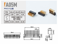 Connettore per Batteria UAV Modello DGDTE A05M a 6 Pin, Passo 2.0mm, Maschio, con Alloggiamento in Lega di Rame e Plastica, Contatto Nero, Resistenza di Contatto <20mΩ