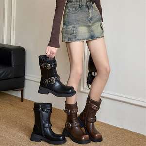 Vente en gros d'usine, nouvelles bottes de motard pour femmes, talon épais, couleur polie, cheville, 2024 - Product Image 1