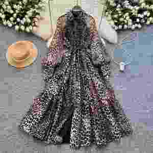 Vestido Midi Casual Estilo Americano de Otoño para Mujer, Vestido de Malla con Estampado de Leopardo, Corte Imperio, Negro y Blanco - Product Image 1