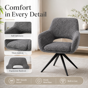 Silla de Comedor Giratoria Premium con Diseño de Brazos Abiertos, Tapizada en Bouclé Gris Oscuro, Base de Metal en Forma de Estrella, Giro de 360 Grados °   Hotel, Restaurante, Cafetería - Product Image 3