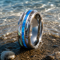 Bague de fiançailles JLM Factory Direct personnalisée en acier inoxydable électroplaqué triple incrustation opale bleue et coquille d'ormeau pour hommes et femmes