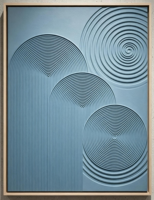Décoration murale moderne en bleu poudré à effet d'illusion optique, encadrée, motif spirale et arche concentrique, pour studio de yoga, clinique et appartement