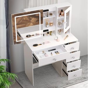Vanity bàn với thắp sáng gương trang điểm và lưu trữ 3 màu sắc thay đổi chế độ điều chỉnh độ sáng LED Vanity Gương bàn trang điểm - Product Image 4