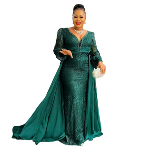 Abito da sera formale con scollo a V da donna con paillettes estive Plus Size in Chiffon finto due pezzi con decorazione a bottone - Product Image 5