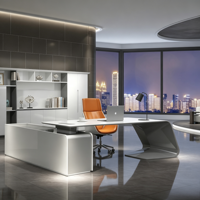 Meja Kantor Eksekutif Bentuk L Mewah Modern Kelas Atas Warna Putih Minimalis untuk Bos/CEO, Set Furnitur Administrasi Besar