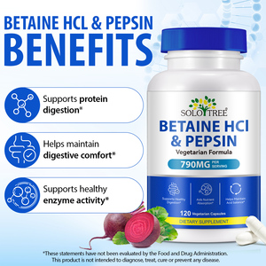 SOLOTREE Formule végétarienne sans OGM, capsules de bétaïne <span class=keywords><strong>HCl</strong></span> et pepsine, supplément d'enzymes digestives pour le soutien digestif et l'équilibre intestinal - Product Image 2