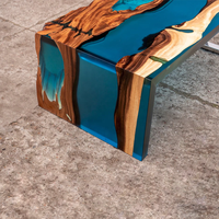 Table à café et à manger moderne en bois massif avec cascade bleue, résine époxy, bureau rivière pour usage hôtelier