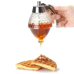Glass Honey Dispenser No Drip Glass Syrup Dispenser Glass Beautiful Honey Comb Shaped Honey Pot Jar With Stand