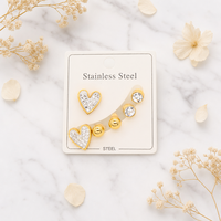 Anting-anting berlapis emas baja tahan karat multi stud, antialergi, perhiasan kristal, gaya bertumpuk, mode sehari-hari untuk wanita