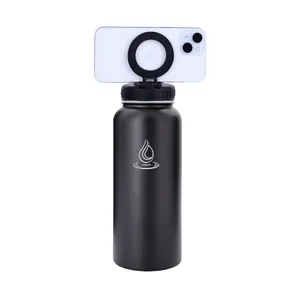 Water Bottle With Mobile Magnetic Phone Holder Stainless Steel Insulated Water Bottle Cap With Magnet Cell Phone Mount Stand