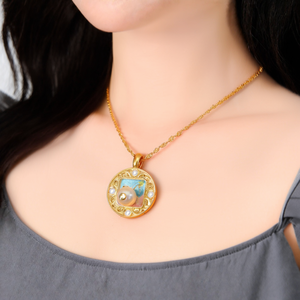 Fashion Pendant Necklace 316L Stainless Steel PVD Gold Plating Sustainable Resistant Round Charm With Pearl Detail - Product Image 3