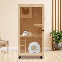 Grand condo pour chat en bois, maison pour chat avec roues verrouillables, porte en verre ventilée, enclos pour chats d'intérieur/extérieur