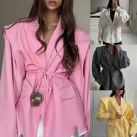 Prêt à expédier Nouveau Blazer Oversize Style Urbain Moderne avec Double Ceinture à Nouer sur les Épaules Manteaux d'Automne pour Femme Vente en Gros Dropshipping