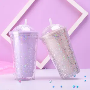 Venda por atacado 12oz dupla parede glitter copos de tumblr em massa sem bpa de plástico copo com tampa doméstica