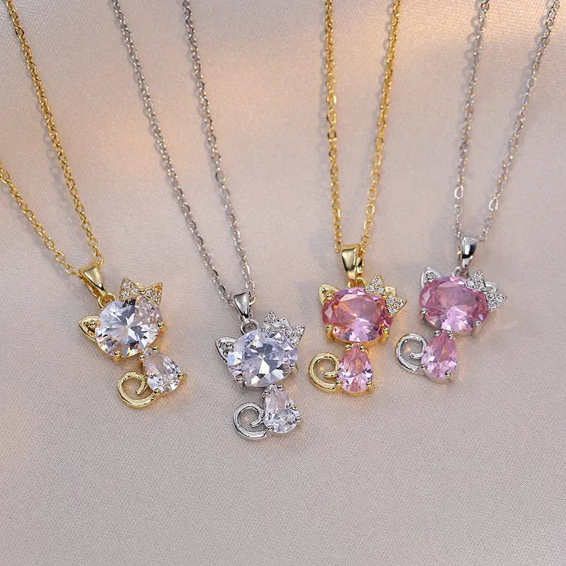 Lovely Pink Zircon Cat Bow Pendant Gold Silver Titanium Steel Chain Necklace Jewelry Accessories for Women 2023