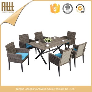 Outdoor Traditional Metal <b>Dining</b> Table and <b>Chair</b> Set with Poly Rattan Weave <b>Stackable</b> Waterproof Cushions - Product Image 4