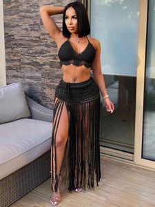 Verano nueva llegada mano ganchillo playa vestido Sexy mujer sujetador Top largo borla faldas mujeres Bikini traje de baño conjunto - Product Image 4