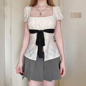 Women Lace <b>Patchwork</b> Square Neck Short Sleeve T Shirt Color Block Bow Tie A Line Knit <b>Top</b> Casual Fashion Tee - Product Image 2