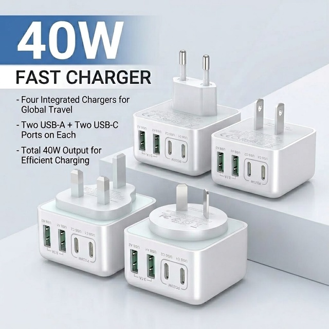 HNT AU/US/EU/UK/JP Plug Dual PD&QC Wall 4 Port USB 40W Charger 2A2C Fast Charging White Total 40W Charger for iPhone 16 15 14