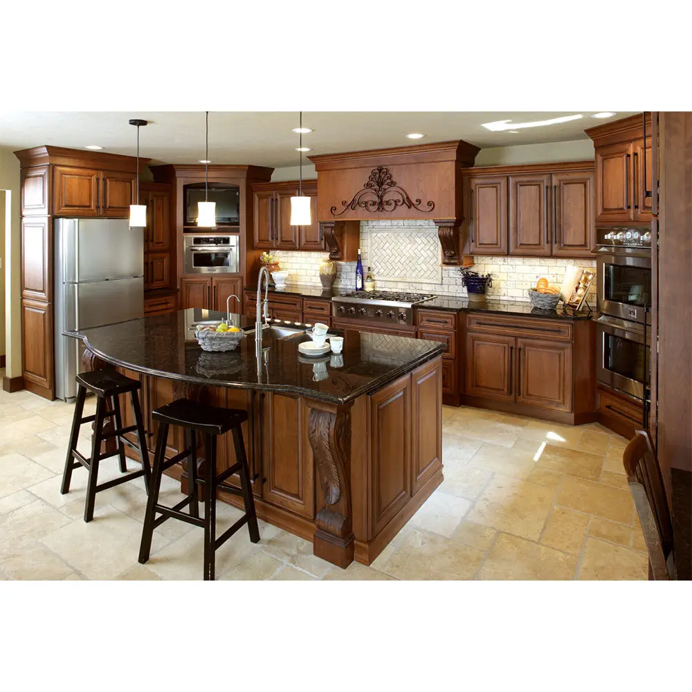 Matt Clear Stained Coating Finish Solid Red Oak Wood Kitchen Cabinets with Black Marble Island