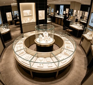 Kiosco <span class=keywords><strong>de</strong></span> Exhibición <span class=keywords><strong>de</strong></span> Joyería Redondo <span class=keywords><strong>de</strong></span> Lujo en Negro y Dorado, Completo 360 °   Vitrina <span class=keywords><strong>de</strong></span> Vidrio con Pedestal Giratorio Central - Product Image 1